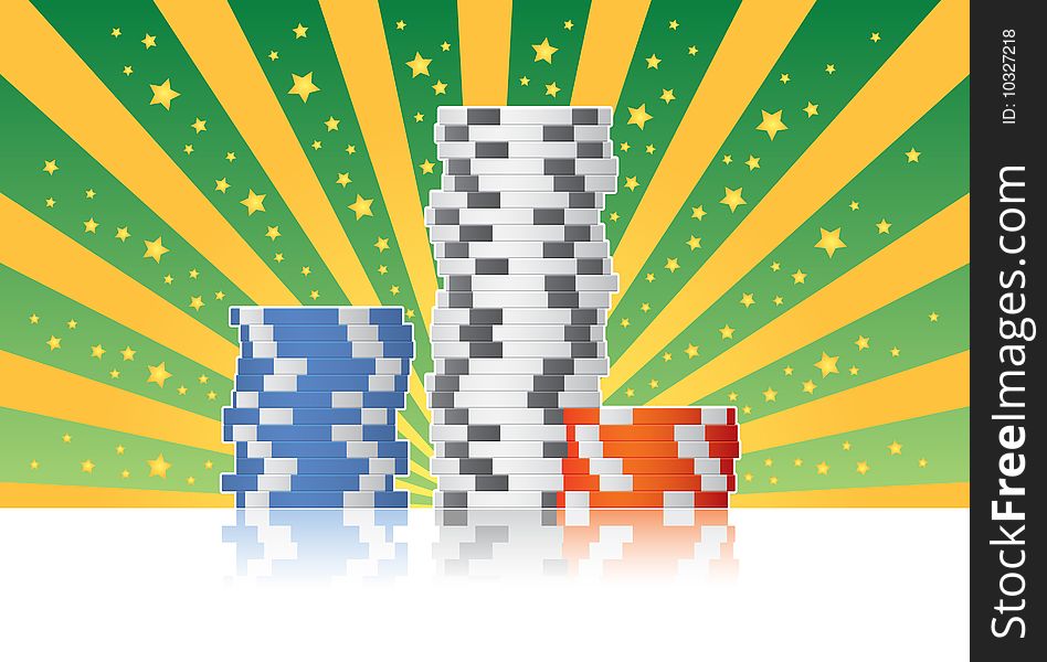 Three stack of casino poker chips in different colours.