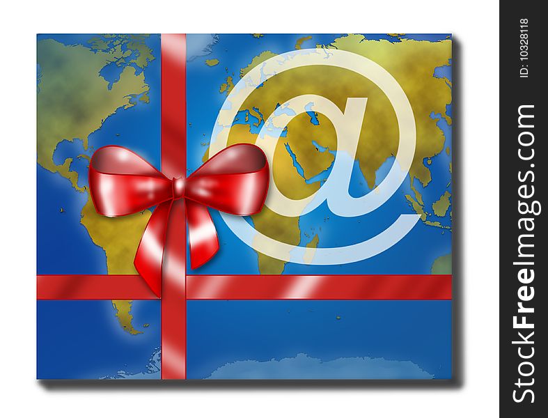 An e-gift packed with world wrapping paper and a red ribbon. Digital illustration.