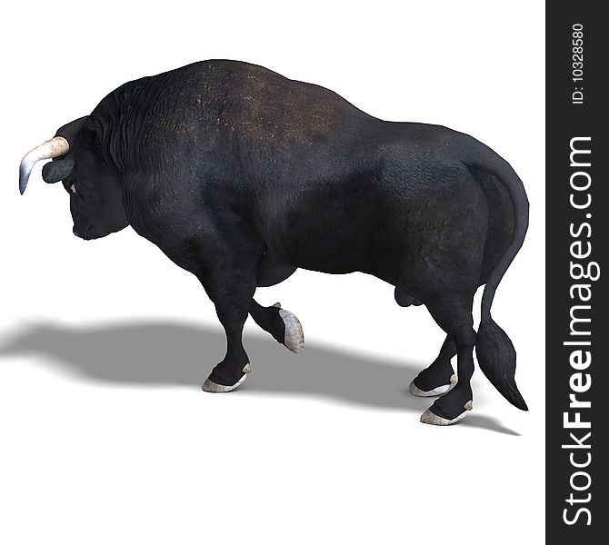 Dangerous bull with beaked horns. 3D render with clipping path and shadow over white. Dangerous bull with beaked horns. 3D render with clipping path and shadow over white