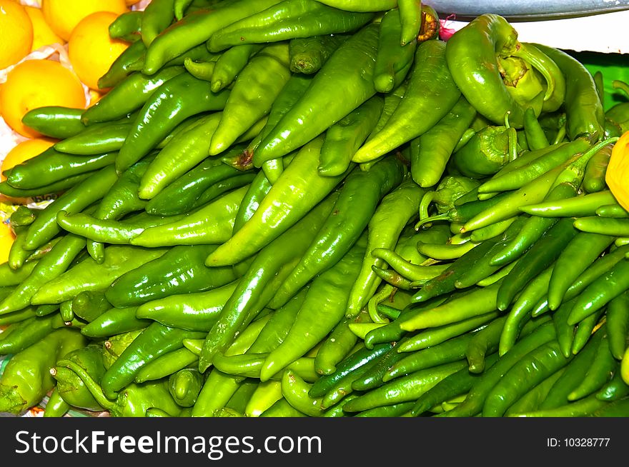 A close up of hot green chilli peppers. A close up of hot green chilli peppers