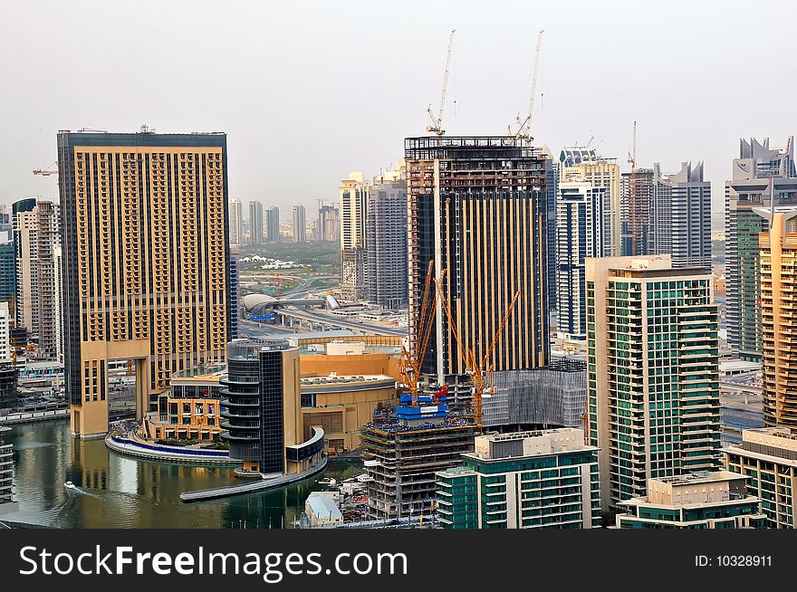 A skyline of buildings in Dubai Marina. A skyline of buildings in Dubai Marina