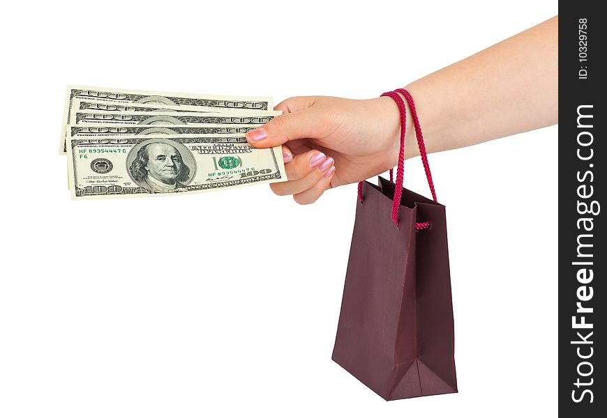 Hand with money shopping bag isolated on white background