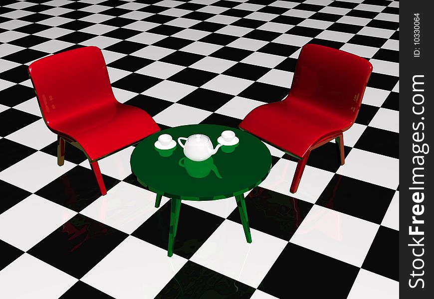Tea table and two chairs on checkered floor.