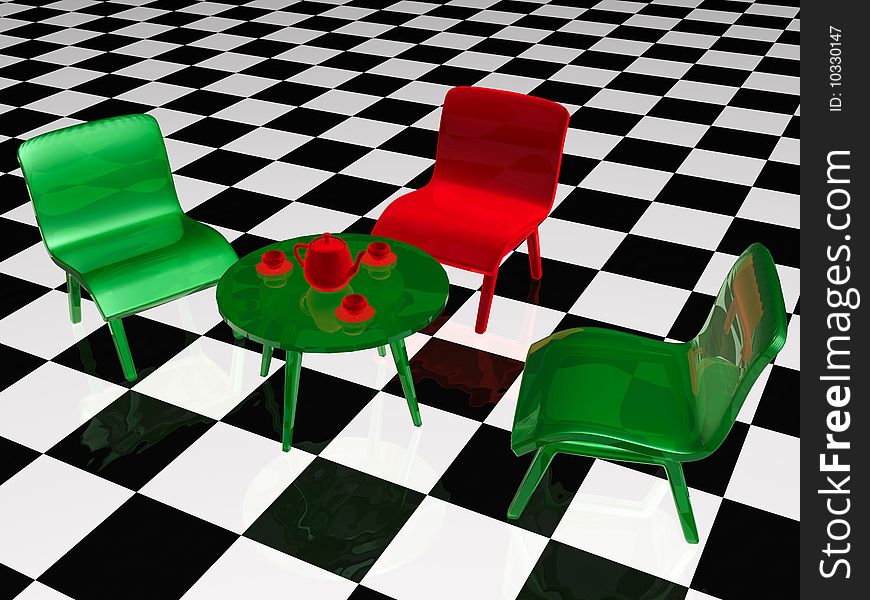 Tea table and three chairs on checkered floor. Tea table and three chairs on checkered floor.