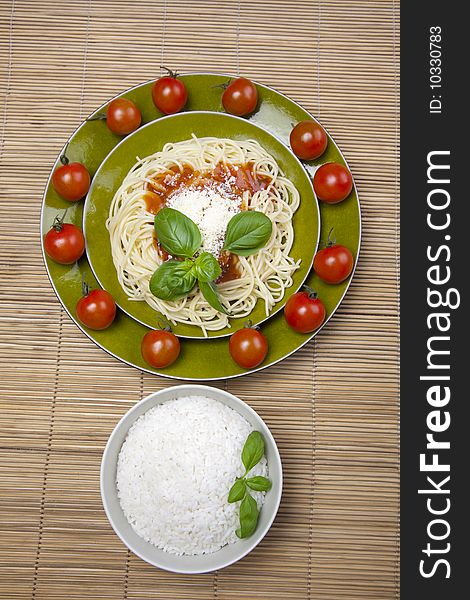 Close up of basic ingredients for italian pasta. All isolated on white.