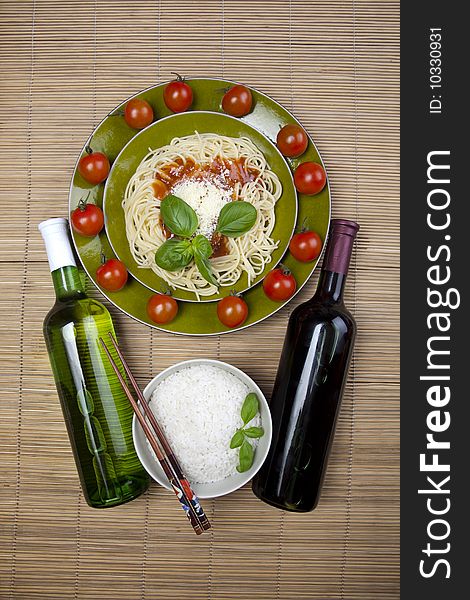 Close up of basic ingredients for italian pasta. All isolated on white.