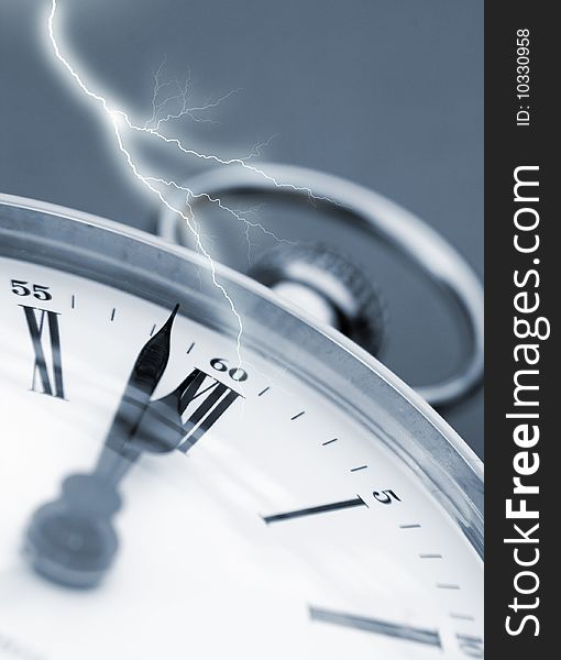 Close-up of clock face overlaid with lightning effect. Close-up of clock face overlaid with lightning effect