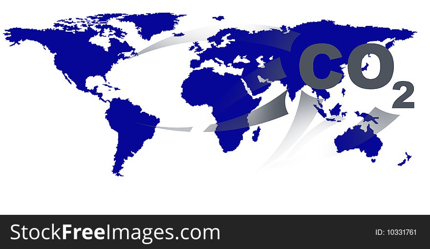 World map illustration over white background with CO2 warning