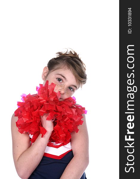 Cute girl with cheerleader pompom and freckled face. Cute girl with cheerleader pompom and freckled face