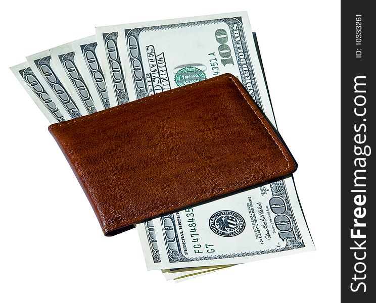 Hundred dollar bills inside brown leather wallet isolated. Hundred dollar bills inside brown leather wallet isolated