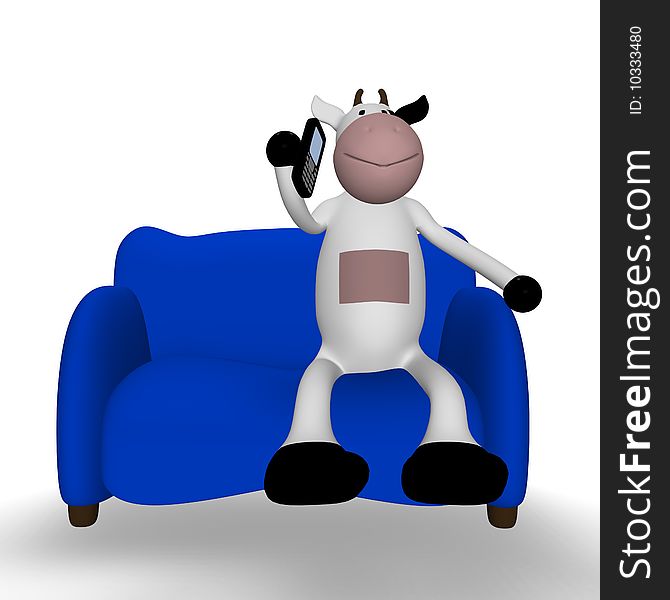 A nice cow on the sofa with a mobile phone on a white background. A nice cow on the sofa with a mobile phone on a white background