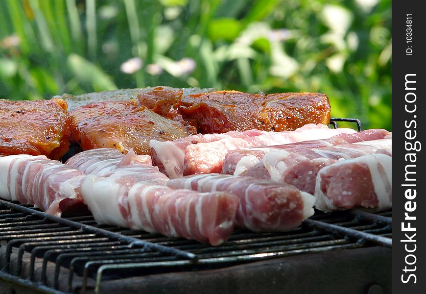 Closeup photo of the brazier with barbecue. Shallow dof.