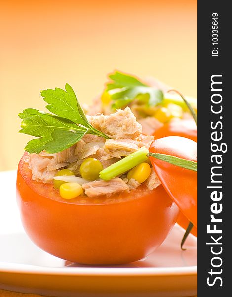 Tuna stuffed tomato celery corn soya bean