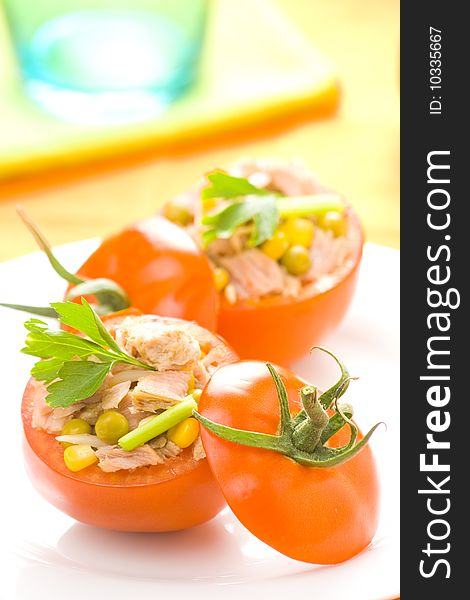 Tuna stuffed tomato celery corn soya bean