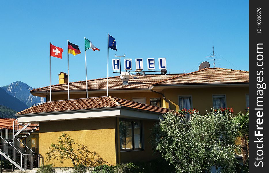 Hotel roof with flags