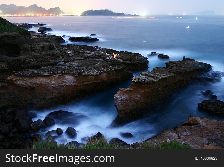 In evening, the wave taps the landscape of formation in the coast, very good-looking