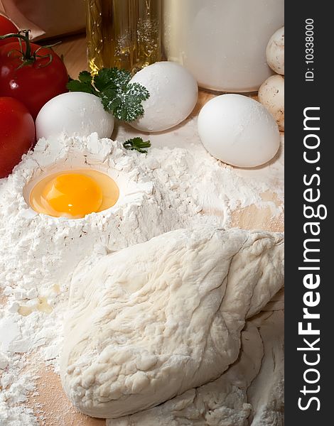 Overhead shot of a table with food ingredients ready for cooking