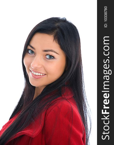 Portrait of the brunette with blue eye on white background