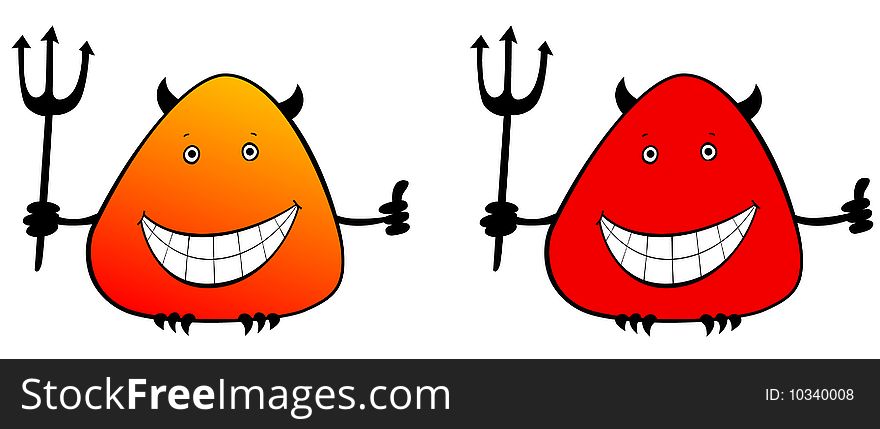 The happy devil with horns and a tail holds a trident