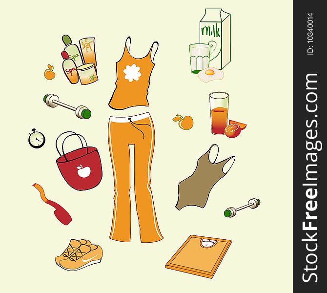 Vector illustration of different items related to sport and healthy lifestyle