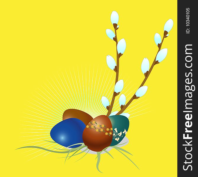 Vector Illustration of Easter Eggs with floral elements and the tree branch.