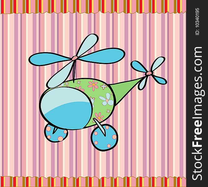 Cartoon vector illustration of a cute little helicopter on the retro striped background. Cartoon vector illustration of a cute little helicopter on the retro striped background