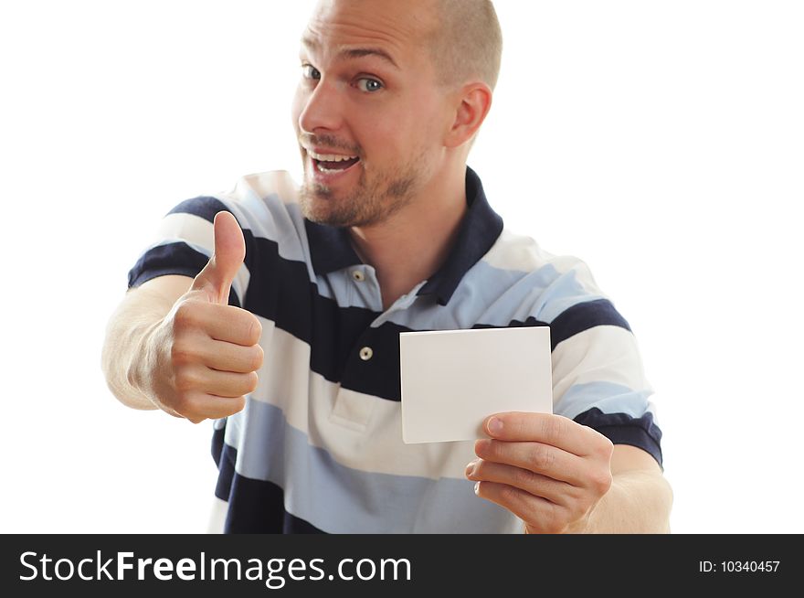 Man holding a white notepad. Man holding a white notepad