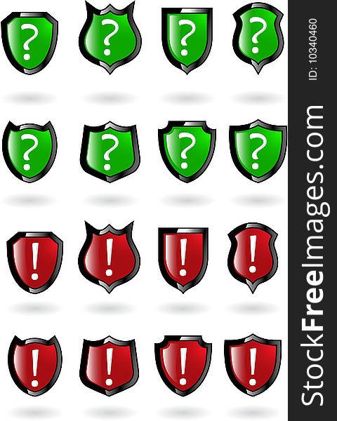 The set  red shield with exclamation and question mark