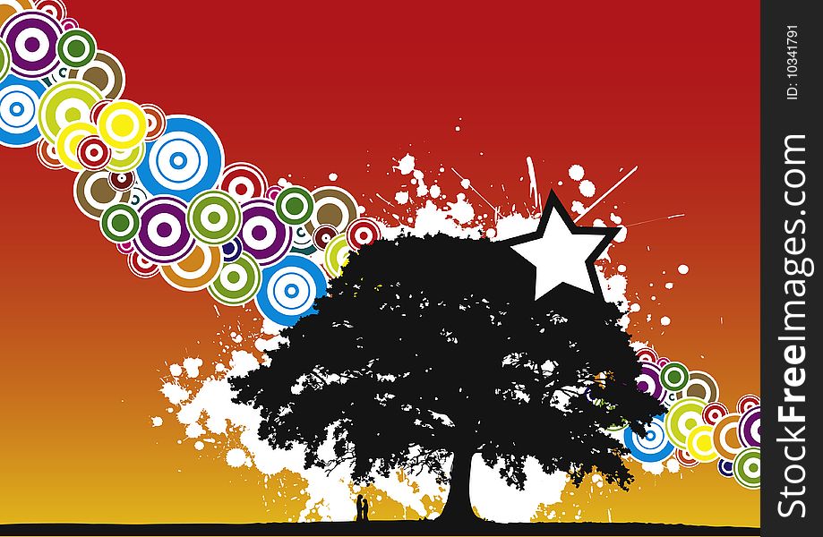 Colorful tree, , with red - yellow background
