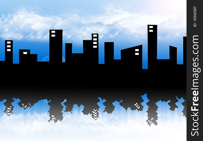 Black silhouette of city over sky background. Urban illustration