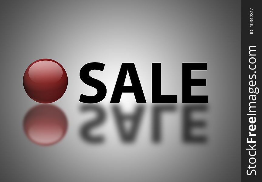 Sale text with red sphere. Elements with reflection over gray background. Sale text with red sphere. Elements with reflection over gray background