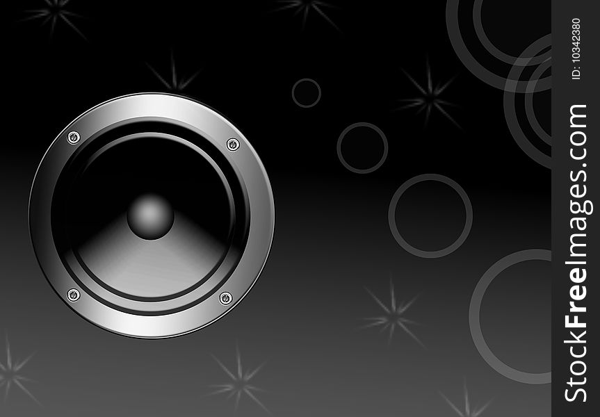 Gray speaker over shapes background. Music illustration