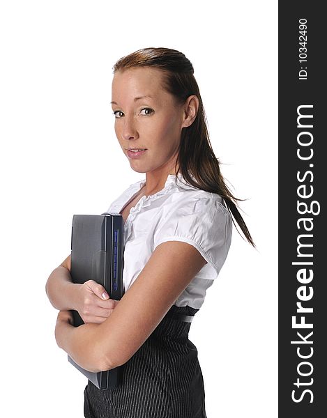 Young woman with laptop on a white background