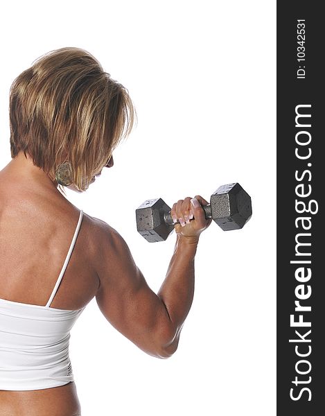 Mature woman with bumbbells working out isolated on a white background. Mature woman with bumbbells working out isolated on a white background