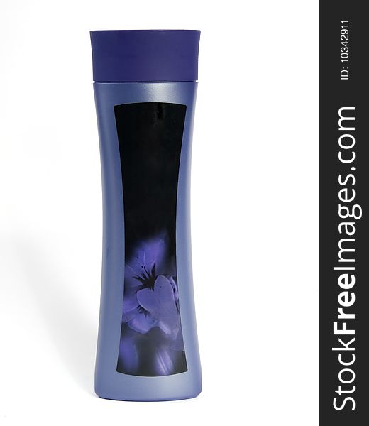 Violet shampoo bottle with empty black space for text on white background