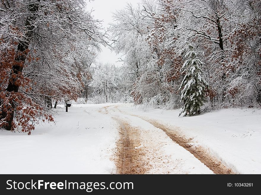 A beautiful snow covered road. A beautiful snow covered road