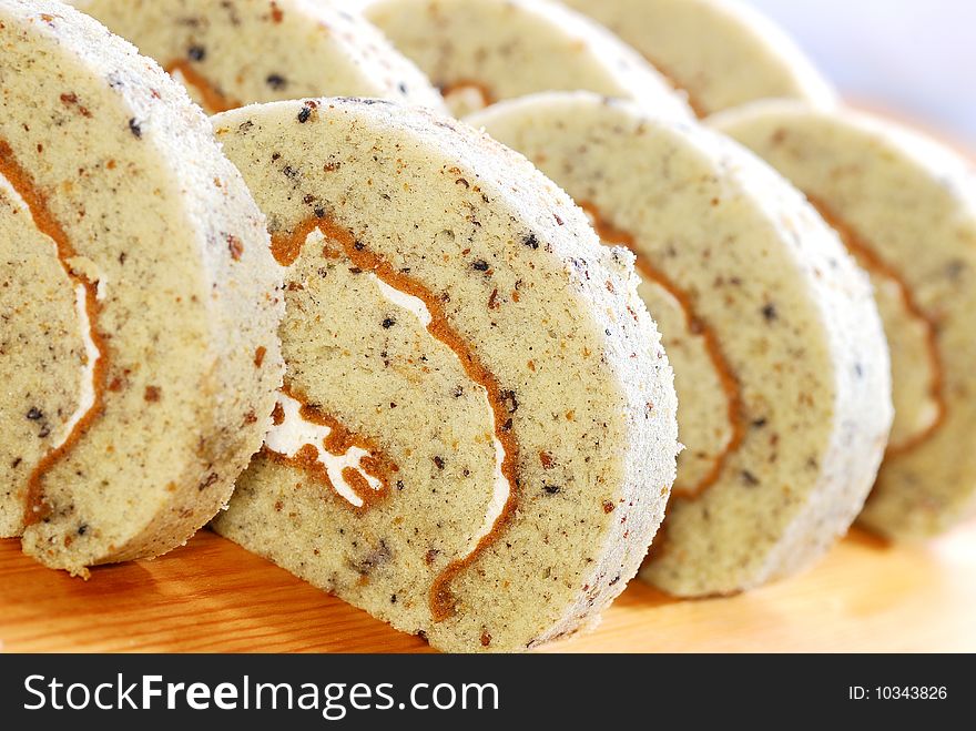 Slices of Organic Swiss Roll Cake. Slices of Organic Swiss Roll Cake