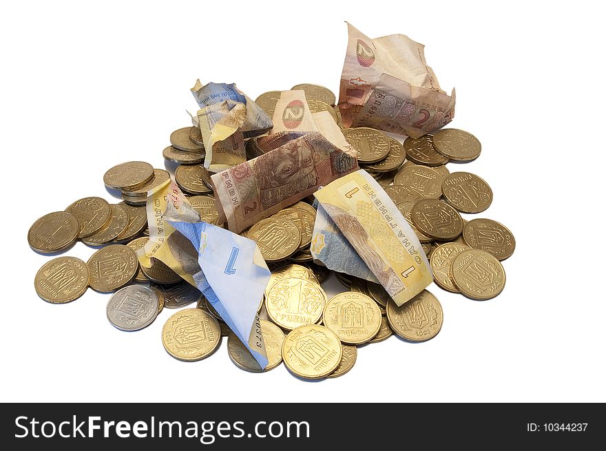 Mountain of metal and paper Ukrainian money