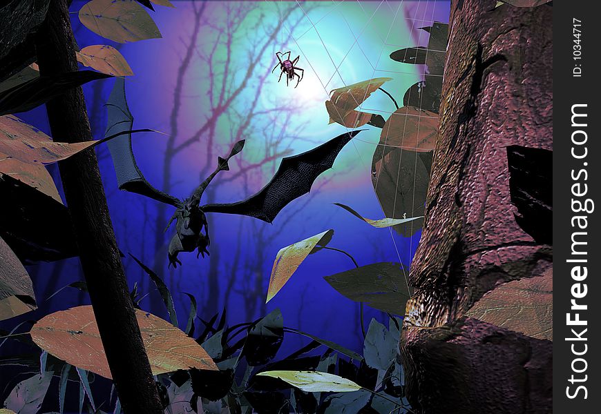 A dragon flying through trees, a spider in foreground, in a dark atmosphere. A dragon flying through trees, a spider in foreground, in a dark atmosphere