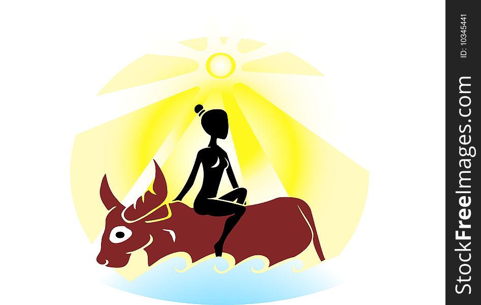 The woman sits on a bull, the bull floats in water, an illustration for a myth. The woman sits on a bull, the bull floats in water, an illustration for a myth.