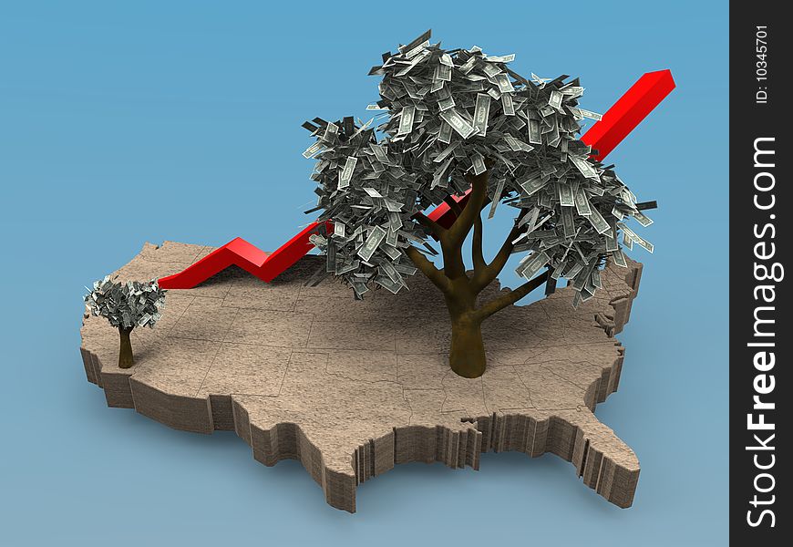 Cartoon illustrating a growing money tree on a map of the USA. Cartoon illustrating a growing money tree on a map of the USA