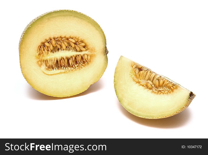 View of a melon sliced open showing the seeds