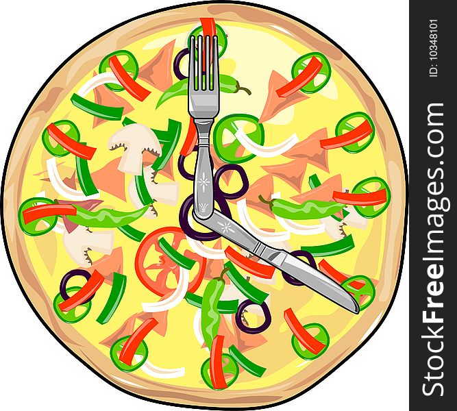 Vector illustration showing a pizza pie with knife and fork resembling a clock. Vector illustration showing a pizza pie with knife and fork resembling a clock