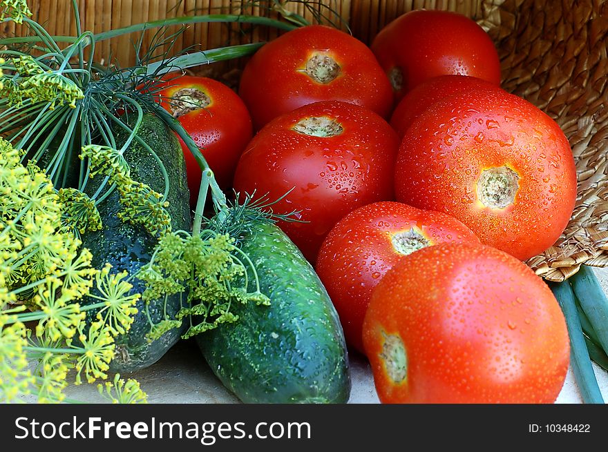 Basket with cucumbers and tomatoes. Basket with cucumbers and tomatoes