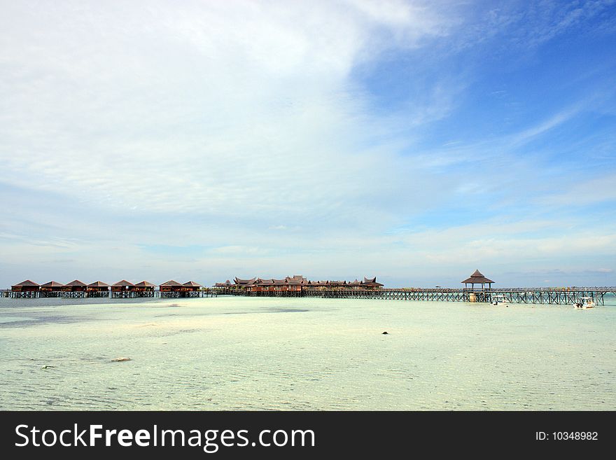 Panoramic view of Sipdan water village resort at Mabul Island.