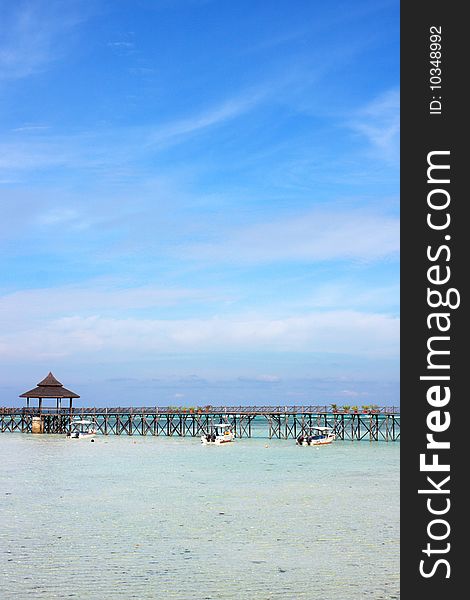 Panoramic view of Sipdan water village resort at Mabul Island.