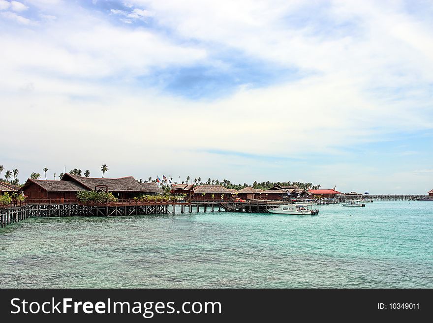 View of Sipdan water village resort at Mabul Island.