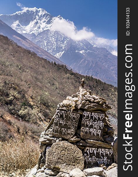 Tibetan Prayer Tablets during hike to Everest by way of Tengboche to Dingboche, Nepal