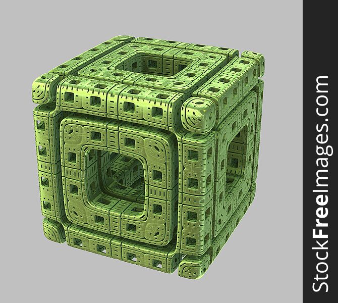 A single isolated highly detailed green fractal alien cube. A single isolated highly detailed green fractal alien cube.