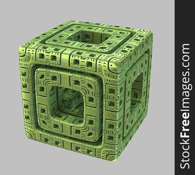 A single isolated highly detailed abstract green fractal alien cube. A single isolated highly detailed abstract green fractal alien cube.